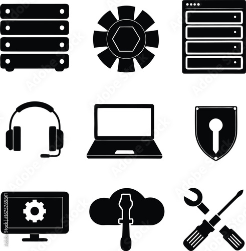 IT Support, Network, and Server Black and White Vector Icons Set