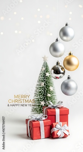 Elegant Merry Christmas and Happy New Year scene with festive gifts, baubles, and a twinkling tree