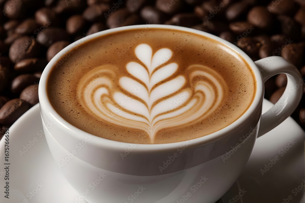 Fototapeta premium A white cup with latte art on top, surrounded by coffee beans.