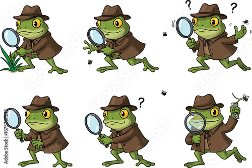Detective frog investigating with magnifying glass, searching for clues, curious amphibian in trench coat and hat, bug catching adventure.
