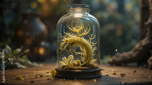 A captivating glass enclosure filled with a luminous liquid suspending an intricate plant like organism in a state of dormancy evoking a sense of wonder and curiosity about the natural world