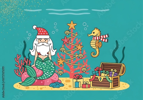 Whimsical underwater Christmas scene features a mermaid Santa, festive tree, seahorse, and treasure chest full of gifts.