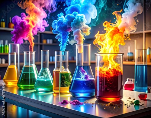 Colorful chemical reaction in Erlenmeyer flask producing vibrant smoke during a chemistry lab experiment, ideal for science and education design