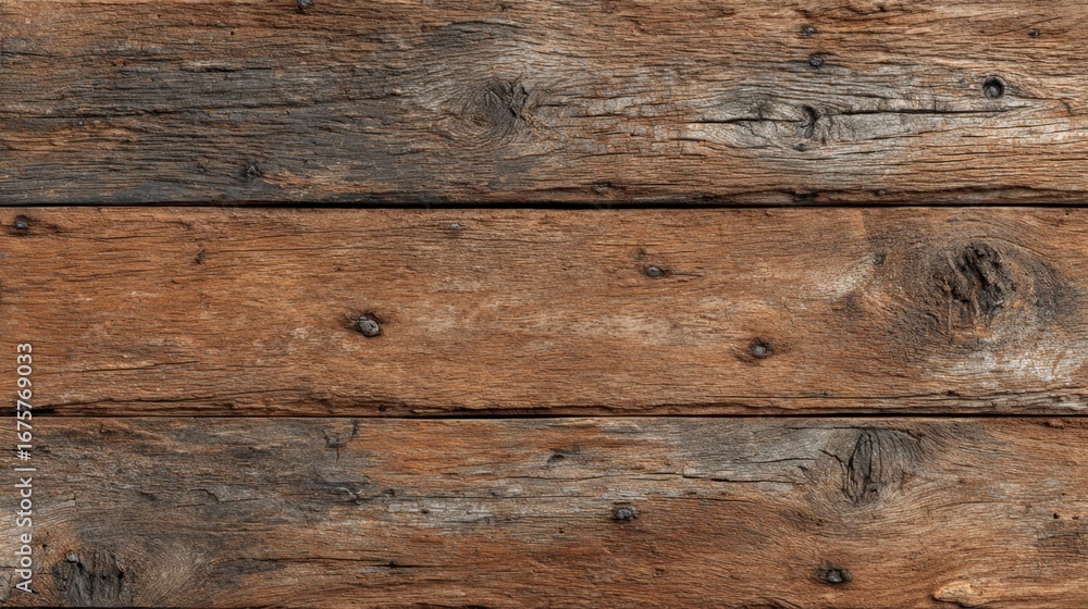 Naklejka premium Closeup shows three weathered wooden planks with nails