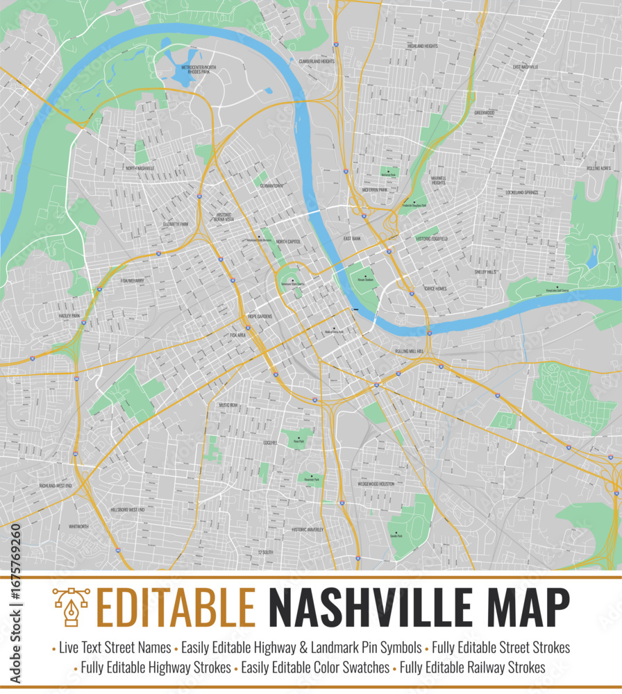 Fototapeta premium Editable Nashville Map