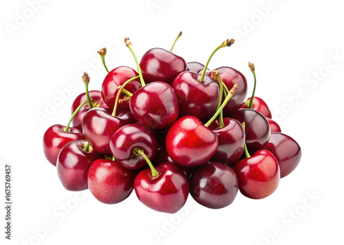 Foto A captivating pile of dark red cherries with fresh green stems abounding