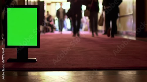 Vertical Green Screen Digital Signage on Red Carpet in Blurry Public Hallway