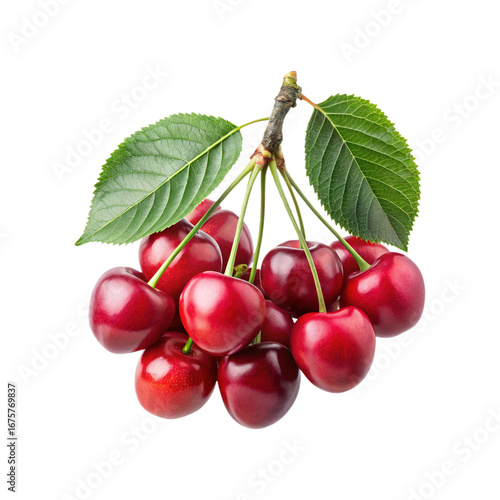 A beautiful cluster of fresh red cherries with bright green leaves isolated
