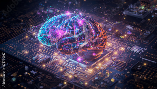 Futuristic Neon Glowing Brain – Artificial Intelligence, Neural Networks and Digital Technology Concept
