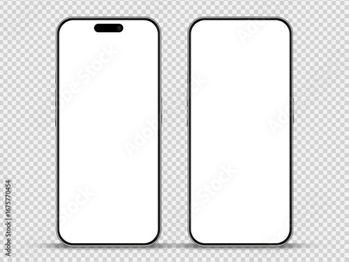 Realistic smartphone mockup. Mobile phone vector with isolated on white background. Device front view. 3D mobile phone with shadow. Realistic, high quality smart phone mockup for ui ux presentation.