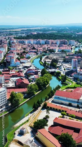 Vertical 4k drone footage of Eskisehir city and Porsuk River