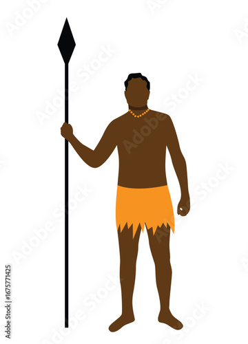 Aboriginal Man Standing with Spear in Hand Frontal View. Exotic rural life style and authentic culture vector art