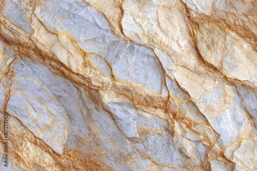 Fractured rock surface with tan and light blue hues veined by gold