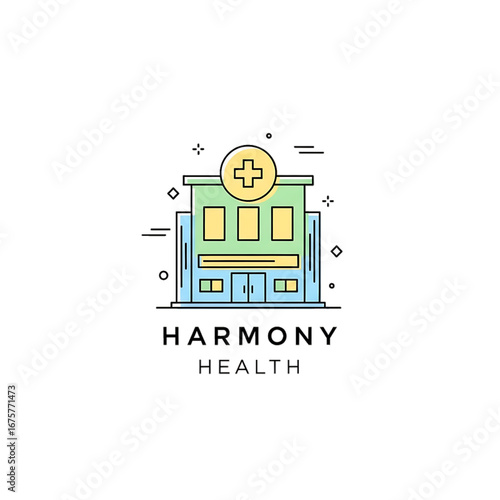 Healthcare building logo with Harmony Health text.