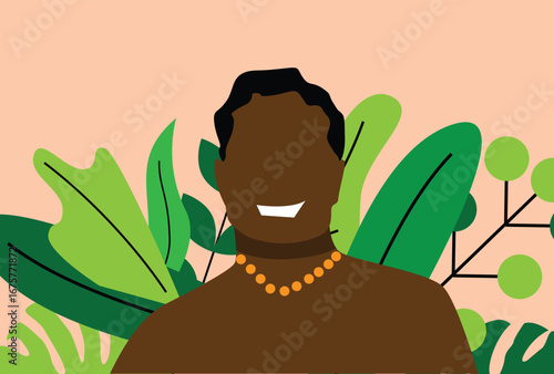Dark Skinned Aboriginal Man Bust Smiling Face with Leaves Plants. Exotic rural life style and authentic culture vector art