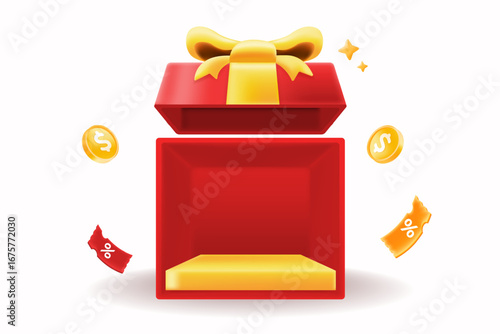 3D red gift box with gold ribbon, coins, and discount coupon. Display items in the gift box. Promotional campaigns, giveaways, and marketing visuals