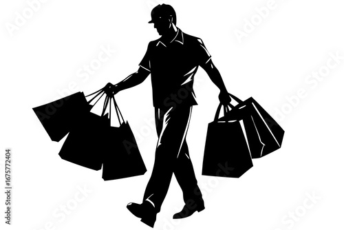 A man carrying multiple shopping bags in silhouette style
