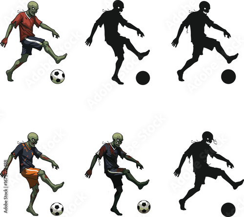 Cartoon zombie playing football, undead soccer player in action, funny horror sports illustration, Halloween character design with spooky athletic theme