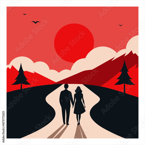 Vector art illustration of a couple walking along a mountainside road