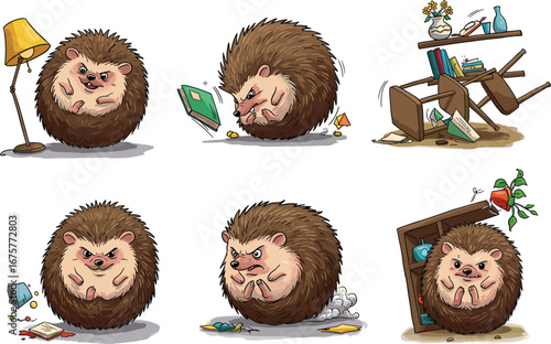 Angry hedgehog rolling and causing destruction, funny cartoon animal, chaotic scene, mischief, cute wildlife, frustrated animal, humorous character illustration