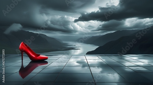 Dramatic Surreal Red High-Heeled Shoe on Glossy Tiled Floor