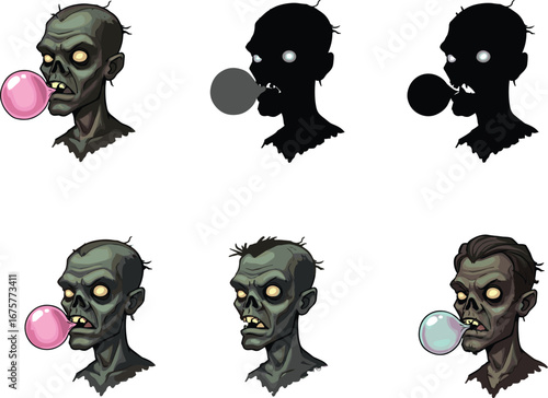 Zombie head chewing bubble gum, cartoon horror character, undead monster face illustration, creepy Halloween design, funny scary spooky artwork