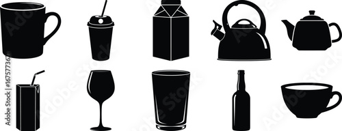 Collection of black silhouettes of various drinkware and beverage containers