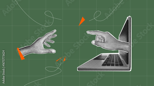 Hands connected through a laptop screen. Hand gestures trying to reach out. Digital transformation, online interaction, and virtual teamwork