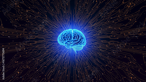 Futuristic Neon Glowing Brain – Artificial Intelligence, Neural Networks and Digital Technology Concept