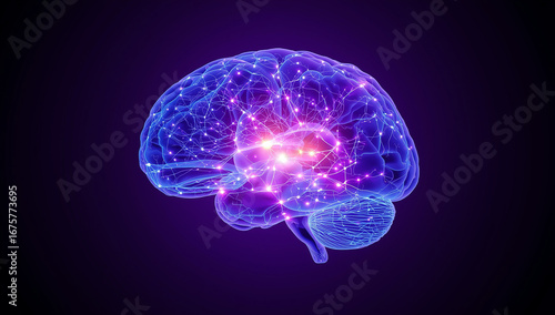 Futuristic Neon Glowing Brain – Artificial Intelligence, Neural Networks and Digital Technology Concept