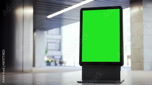 Modern Digital Kiosk with Green Screen. Vertical billboard for advertising, information, or interactive content mockups in contemporary urban setting.