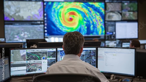 Man monitors weather data on multiple screens, tracking a large hurricane. The scene depicts a control room environment with numerous displays.