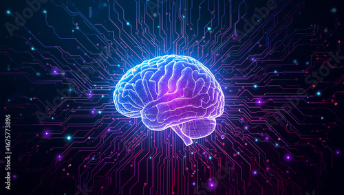 Futuristic Neon Glowing Brain – Artificial Intelligence, Neural Networks and Digital Technology Concept