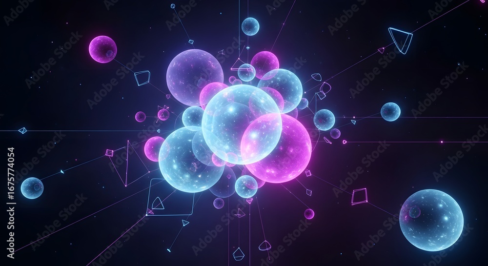 Obraz premium Abstract Glowing Spheres and Geometric Shapes Digital Art