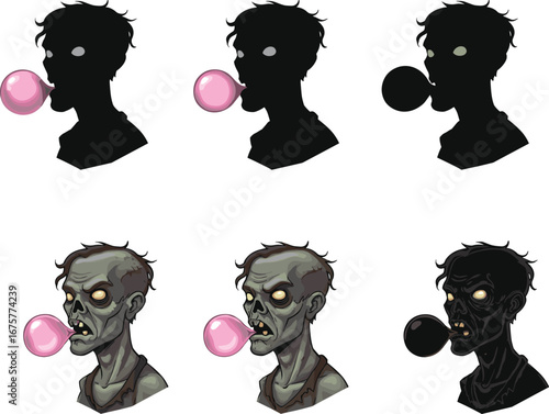 Zombie character blowing bubble gum, funny horror illustration, undead chewing candy, cartoon creepy head design, spooky Halloween artwork concept