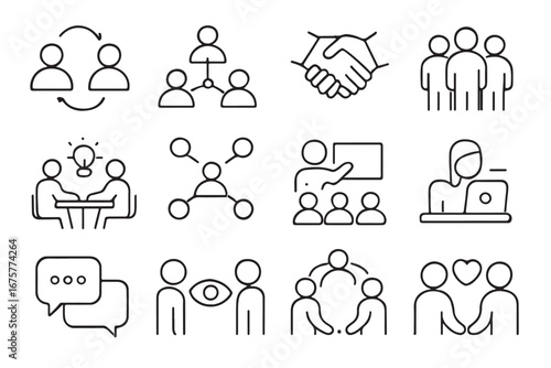 Detailed flat outline social interaction icon set