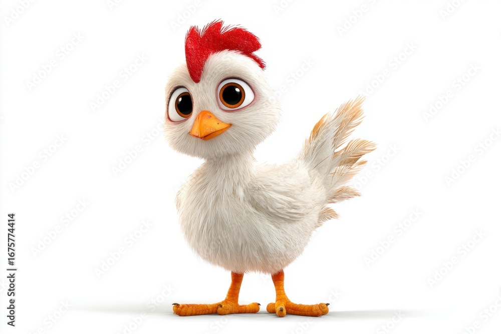 Obraz premium A cartoon chicken with white feathers red comb and orange beak stands on a white surface