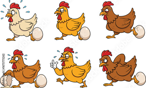 Funny angry chicken cartoon kicking egg, expressive farm animal, humorous poultry character, broken egg, farm life illustration, animated hen actions.