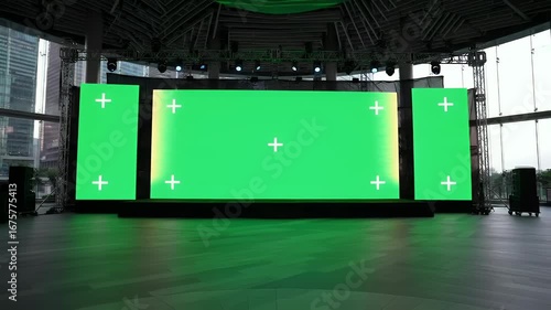 Empty Modern Event Stage with Large Green Screen LED Wall and Side Displays, Ready for Virtual Content and Presentations