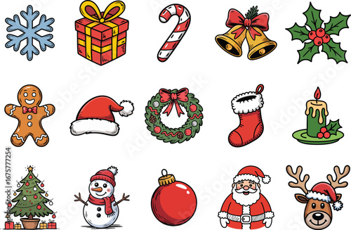 snowflake, gift box, candy cane, bells, holly, gingerbread man, santa hat, wreath, stocking, candle, christmas tree, snowman, bauble, santa claus, and reindeer