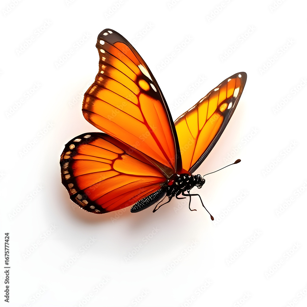 Obraz premium butterfly on white background - An orange monarch butterfly with detailed wings on a white background, showcasing natural beauty and metamorphosis, suitable for nature and wildlife themes.