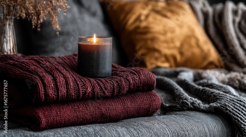 A warm and inviting scene featuring stacked burgundy cable knit sweaters, a flickering candle, and cozy autumnal tones.