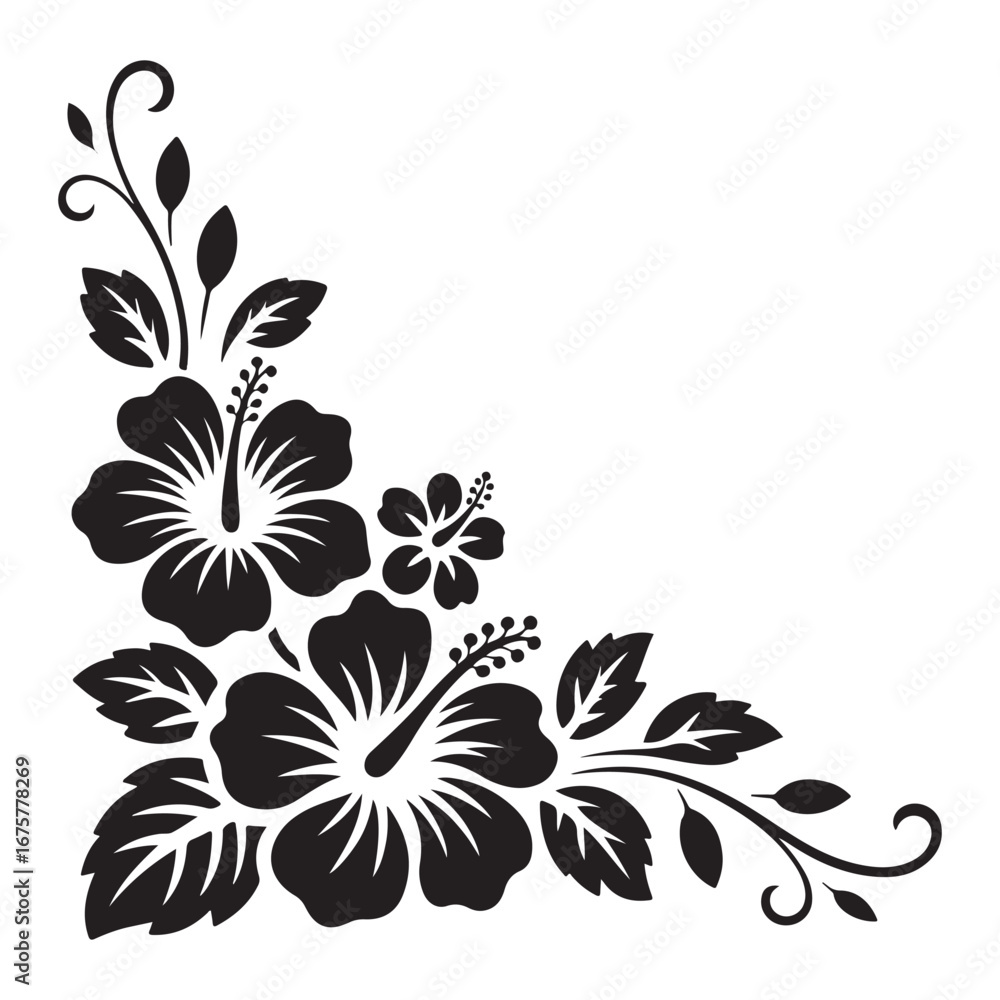 Fototapeta premium Black and White Hibiscus Flower Vector Illustration with Leaves
