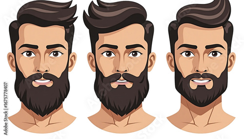 Illustration of three bearded men showcasing different hairstyles and beard styles, front view