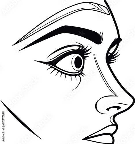 Vector art of close up profile view of a womans eye and nose with dramatic makeup