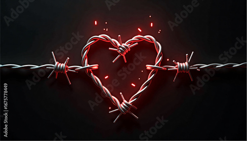 Heart made of barbed wire with glowing red elements on a dark background