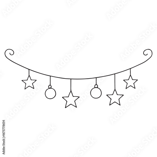 Dainty hanging line art featuring star and ornament shapes, displayed on transparent background