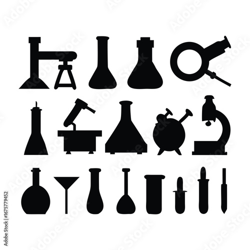 Collection of black silhouettes of scientific laboratory equipment and glassware