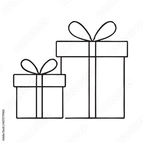 Two simple outlined gift boxes with ribbons offer a presentable festive icon on transparent background