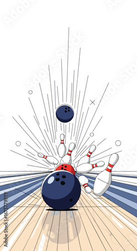 Exciting bowling alley action captures the thrill of a strike with flying pins and a rolling ball